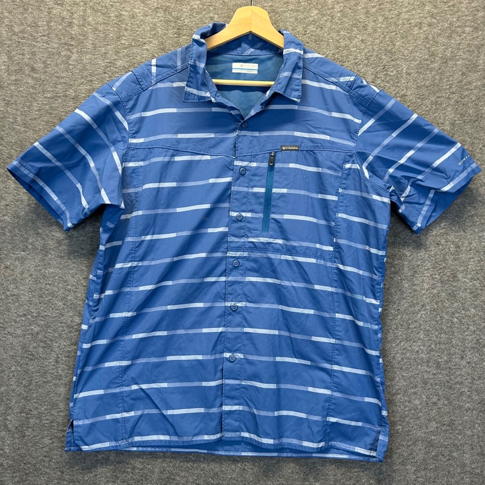 Columbia Omni-Shade Blue Striped Short Sleeve Fishing Shirt Mens Large